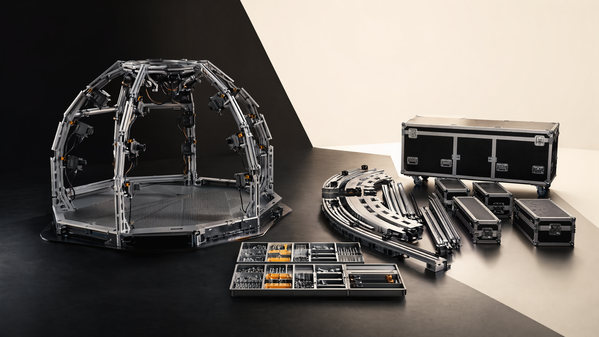 Representative assembled dome, detached modules and transport cases
