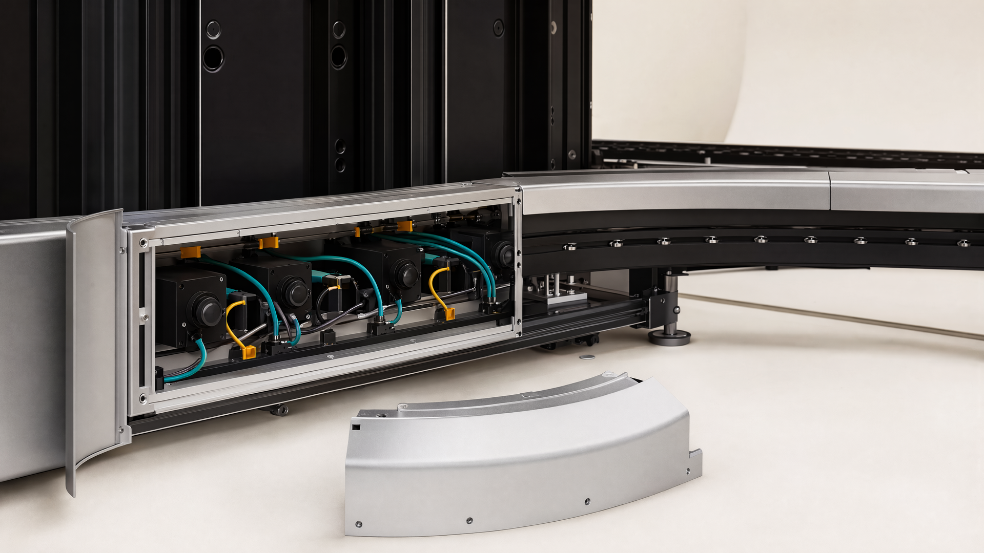 Representative open service bay and integrated cable spine