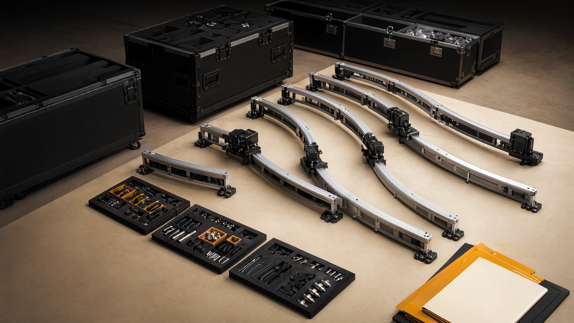 Representative numbered-by-position frame modules transport cases and handoff materials
